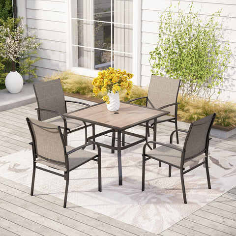 5-Piece Patio Dining Sets Wood-look Square Table & Light Textilene Fixed Chair
