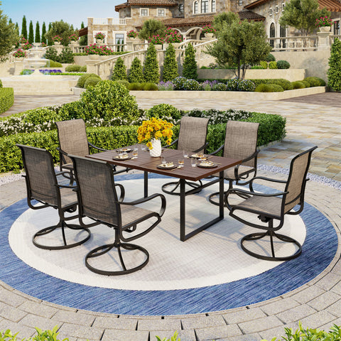 7-Piece Patio Dining Sets Wood-grain Pattern U-shaped-leg Table & Textilene Swivel Chairs