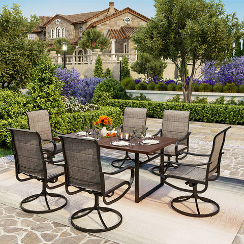 7-Piece Patio Dining Sets Wood-grain Pattern U-shaped-leg Table & Textilene Swivel Chairs