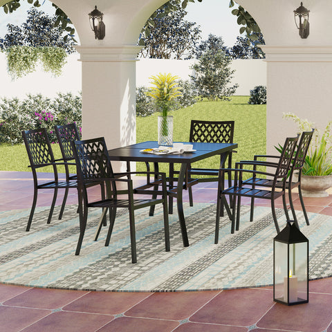7-Piece Steel Panel Table and 6 Stackable Chairs Outdoor Patio Dining Sets