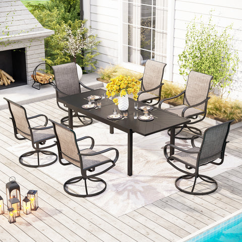 9/7-Piece Patio Dining Sets Extendable Table with Engraved Line &  Textilene Patio Swivel Chairs