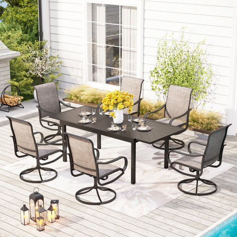 9/7-Piece Patio Dining Sets Extendable Table with Engraved Line &  Textilene Patio Swivel Chairs