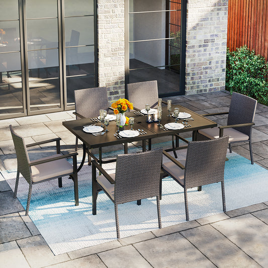 7-Piece Patio Dining Set Embossed Table & Beige-cushion Rattan Fixed Chairs