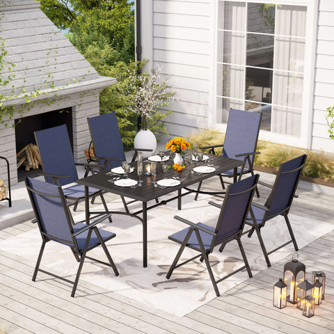 7-Piece Patio Dining Set Bowed-bar Table & Textilene Foldable Chairs