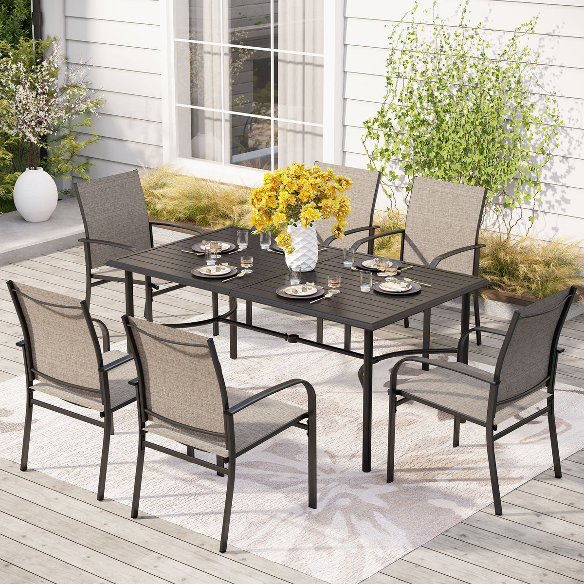 7-Pcs Patio Dining Set Textilene Fixed Chairs & Steel Table