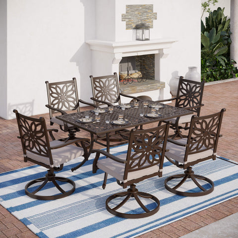 7-Piece Cast Aluminum Patio Dining Set Rectangle Table & Flower Back Chairs