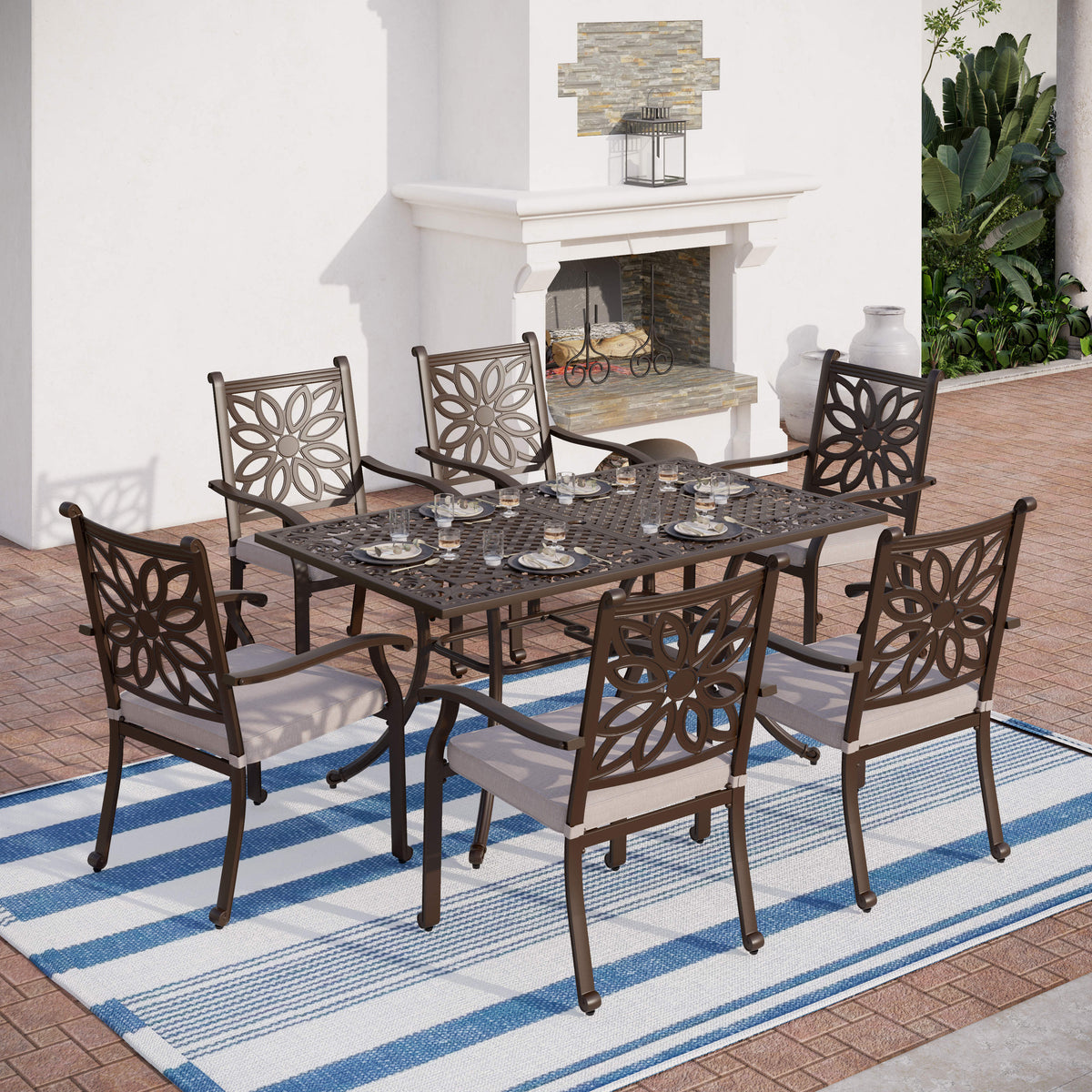 7-Piece Cast Aluminum Patio Dining Set Rectangle Table & Flower Back Chairs