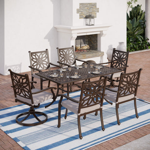7-Piece Cast Aluminum Patio Dining Set Rectangle Table & Flower Back Chairs