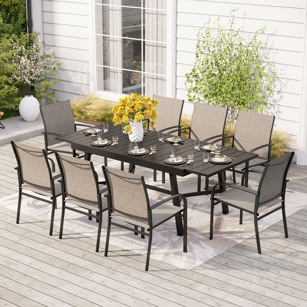 9-Piece Patio Dining Set Reinforced Extendable Table & Textilene Fixed Chairs