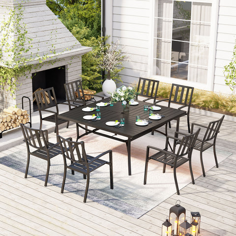 9-Piece Patio Dining Set Extra-large Square Table & Stackable Steel Fixed Chairs