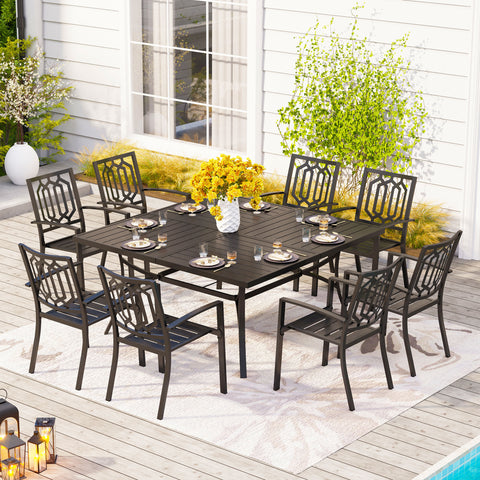 9-Piece Patio Dining Set Extra-large Square Table & Stackable Steel Fixed Chairs