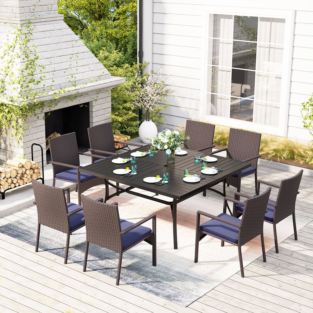 9-Piece Patio Dining Set Extra Large Square Table & Cushioned Rattan Fixed Chairs