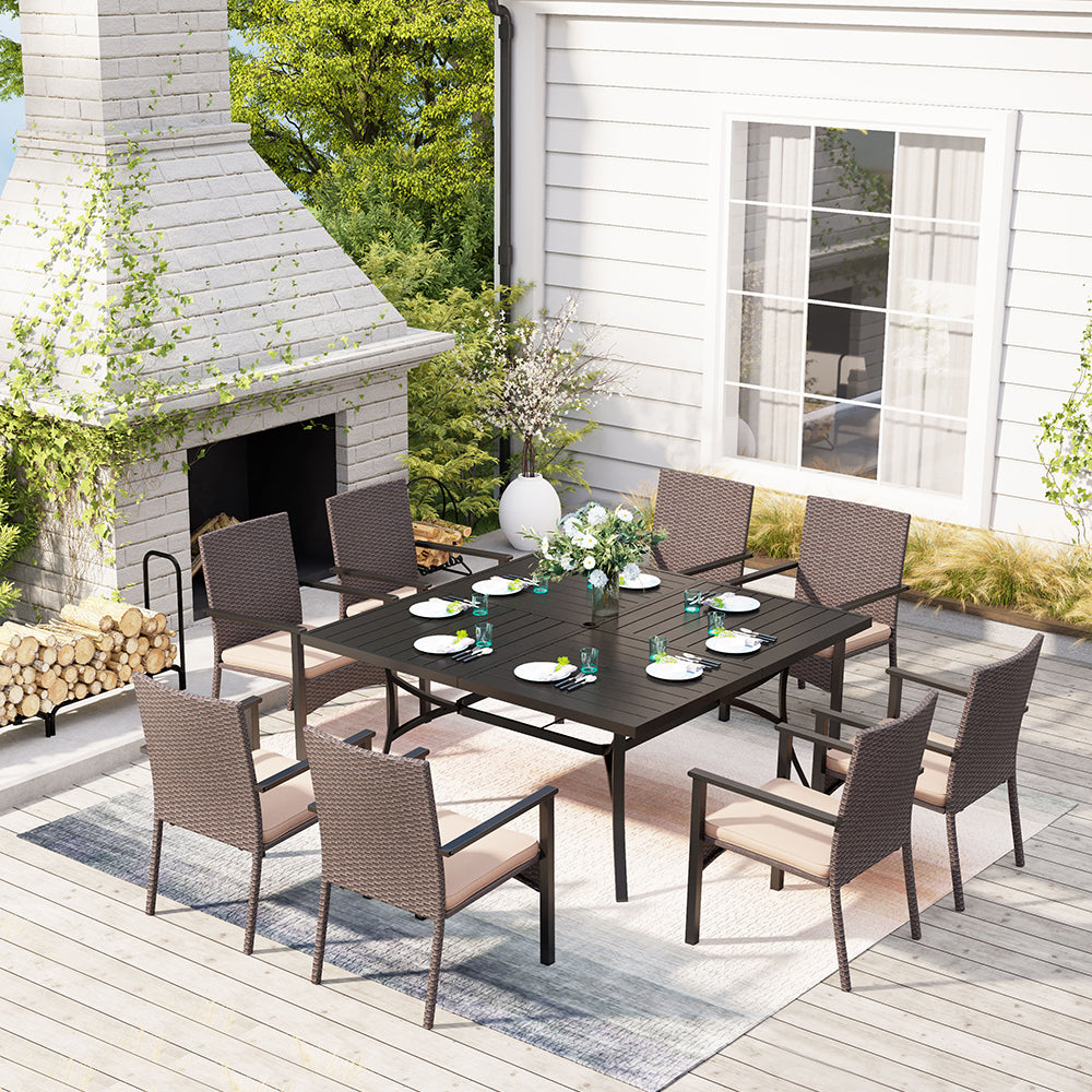 9-Piece Patio Dining Set Extra Large Square Table & Beige-cushion Rattan Fixed Chairs