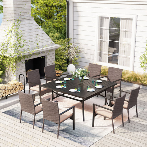 9-Piece Patio Dining Set Extra Large Square Table & Beige-cushion Rattan Fixed Chairs