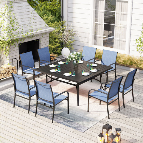 9-Pcs Patio Dining Set Extra Large Square Table & Textilene Fixed Chairs