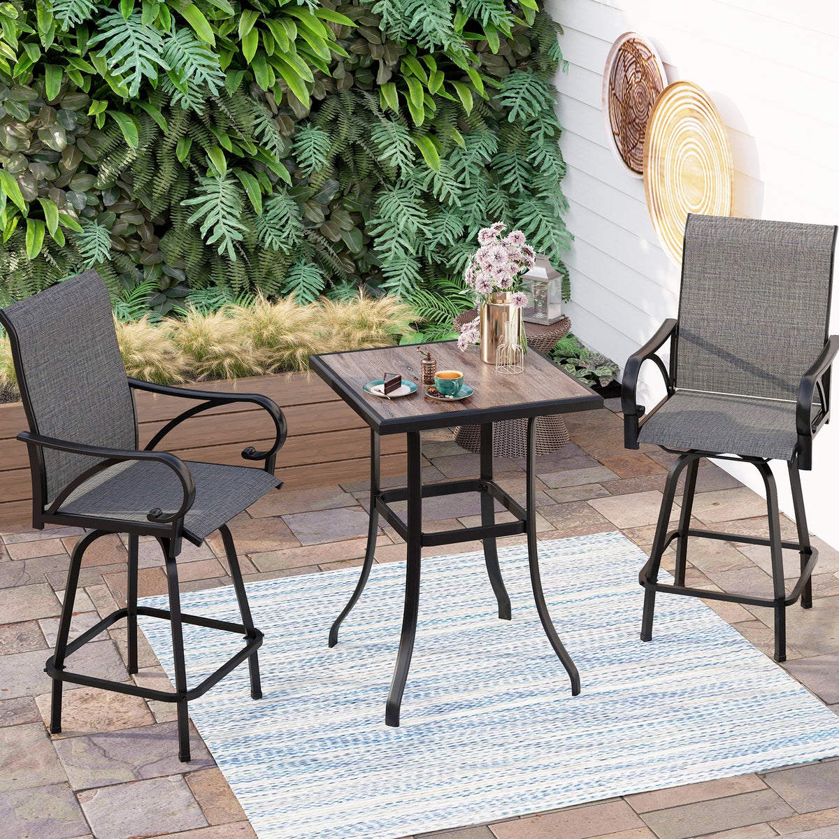 Patio High Bar Stool Set Wood-look Table & Grey Textilene Sling Fabric Swivel Bar Stools