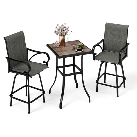 Patio High Bar Stool Set Wood-look Table & Grey Textilene Sling Fabric Swivel Bar Stools