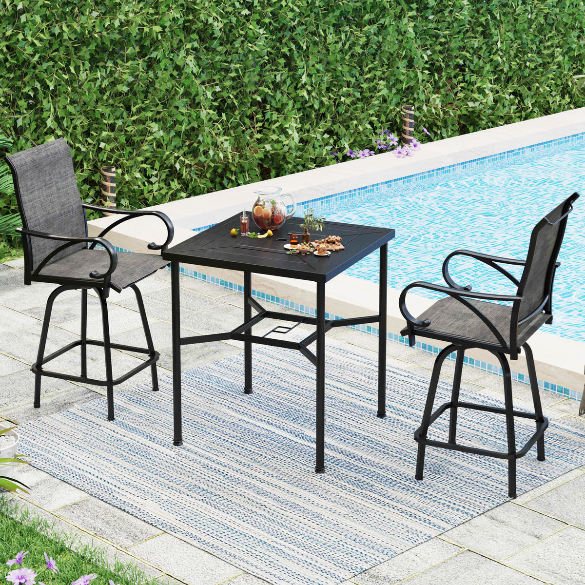 Patio High Bar Stool Set Geometrically Stamped Table & Grey Textilene Sling Fabric Swivel Bar Stools