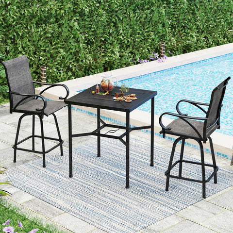 Patio High Bar Stool Set Geometrically Stamped Table & Grey Textilene Sling Fabric Swivel Bar Stools
