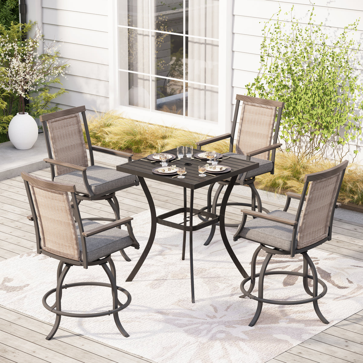 PHI VILLA Swivel Bar Stool Set Rattan Backrest & 3.5" Padded Grey Cushion Stools and Steel High Table