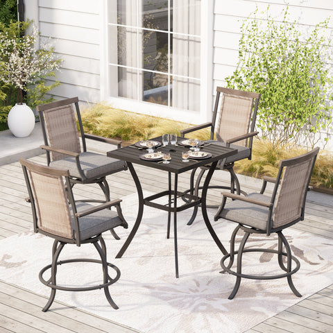PHI VILLA Swivel Bar Stool Set Rattan Backrest & 3.5" Padded Grey Cushion Stools and Steel High Table