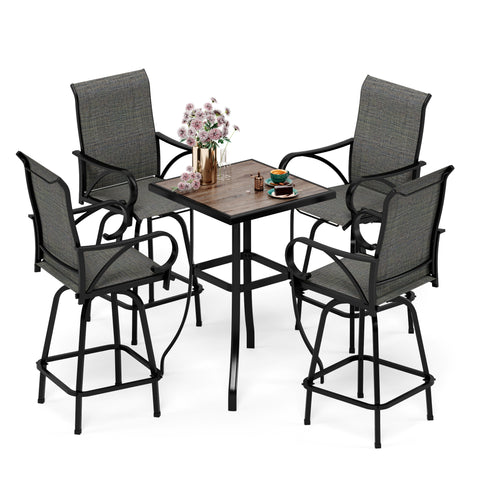 Patio High Bar Stool Set Wood-look Table & Grey Textilene Sling Fabric Swivel Bar Stools