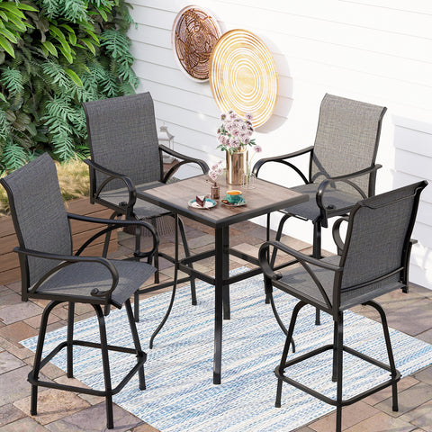 Patio High Bar Stool Set Wood-look Table & Grey Textilene Sling Fabric Swivel Bar Stools