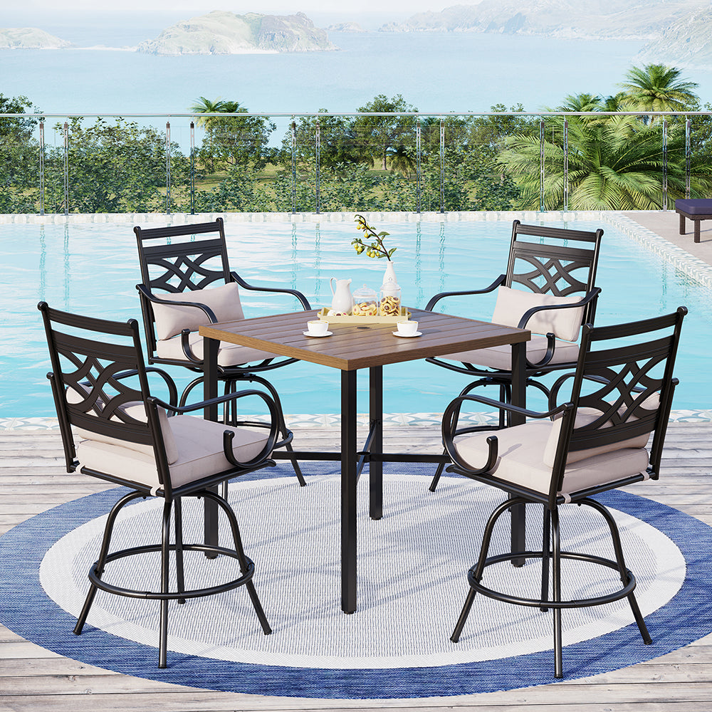5-Piece Patio Bar Stool Set Teak-grain High Table & Steel Bar Stools with Cast-iron Back