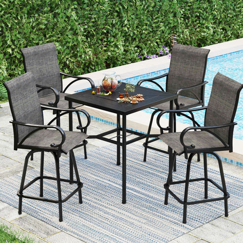 Patio High Bar Stool Set Geometrically Stamped Table & Grey Textilene Sling Fabric Swivel Bar Stools