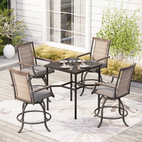 PHI VILLA Swivel Bar Stool Set Rattan Backrest & Padded Grey Cushion Stools and Geometrically-stamped High Table
