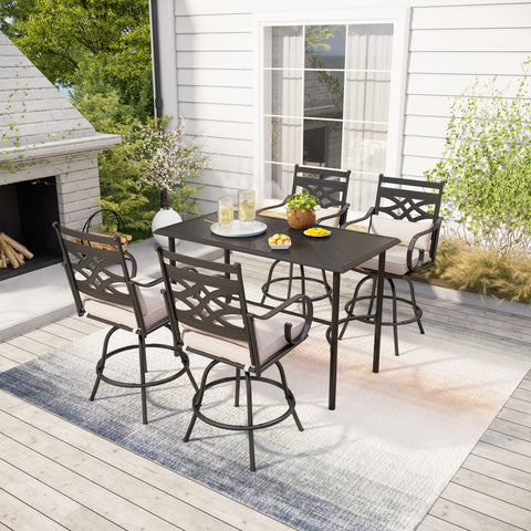 PHI VILLA 5-Piece Patio Bar Stool Set Embossed/Wood-like Table & Cast-iron Pattern Bar Stools