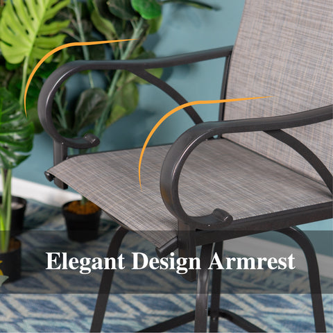 Patio High Bar Stool Set Geometrically Stamped Table & Grey Textilene Sling Fabric Swivel Bar Stools