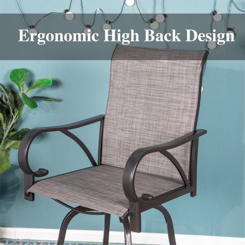 Patio High Bar Stool Set Geometrically Stamped Table & Grey Textilene Sling Fabric Swivel Bar Stools