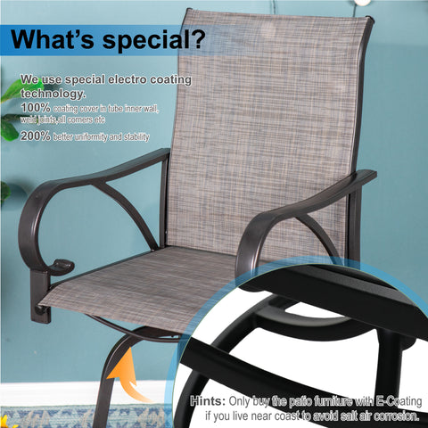 Patio High Bar Stool Set Geometrically Stamped Table & Grey Textilene Sling Fabric Swivel Bar Stools