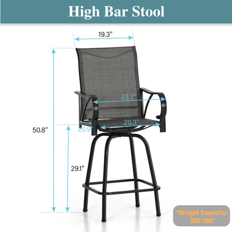 Patio High Bar Stool Set Geometrically Stamped Table & Grey Textilene Sling Fabric Swivel Bar Stools
