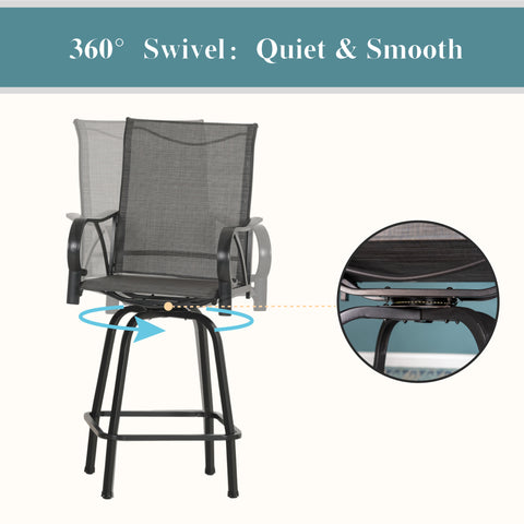 Patio High Bar Stool Set Geometrically Stamped Table & Grey Textilene Sling Fabric Swivel Bar Stools