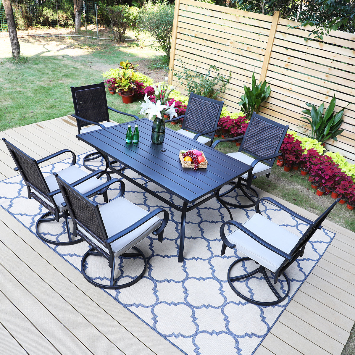 7-Piece Outdoor Dining Set Steel Table & Rattan Swivel Chairs