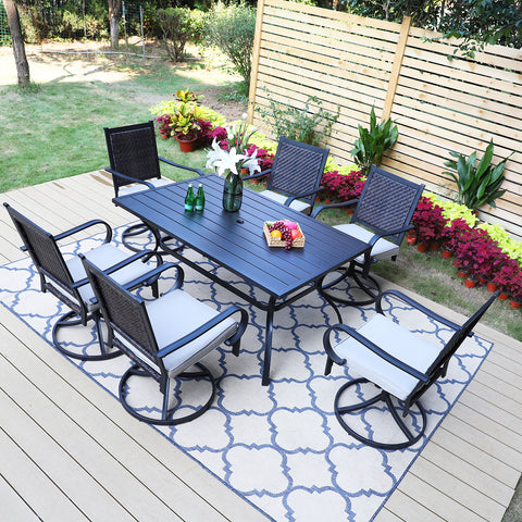 7-Piece Outdoor Dining Set Steel Table & Rattan Swivel Chairs