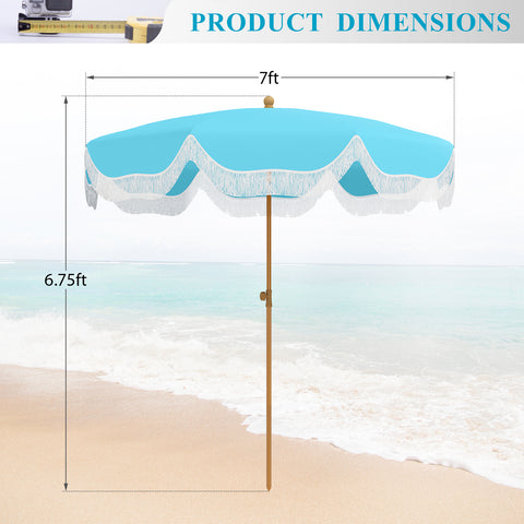 7ft Auto-Tilt Beach Tassel Umbrella With Handy Carry Bags