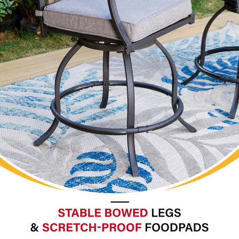 PHI VILLA Swivel Bar Stool Set Rattan Backrest & Padded Grey Cushion Stools and Geometrically-stamped High Table