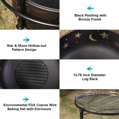 30" 2-In-1 Moon & Star Pattern Patio Fire Pit with Grilling Grid