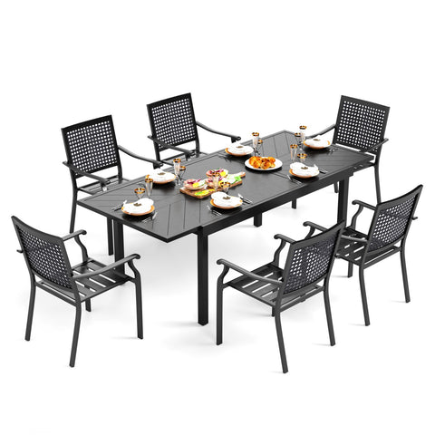 9/7-Piece Patio Dining Set Line-curved Extendable Table & Fixed Stackable Chairs