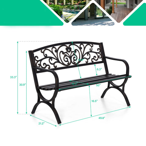 50 Inch Cast Iron Steel Frame Flower Pattern Garden Bench