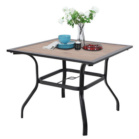 6-Piece Outdoor Dining Set with Umbrella Wood-look Table & 4 Patterned Stackable Chairs