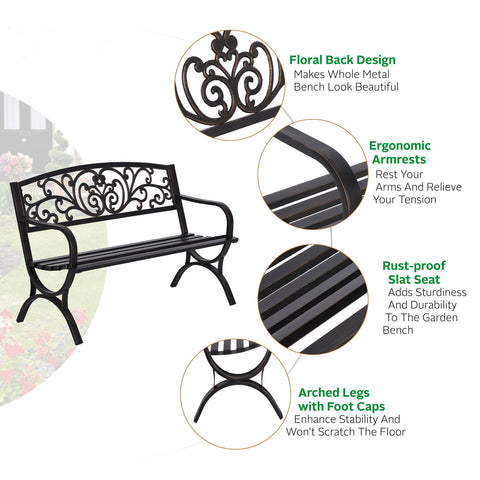 50 Inch Cast Iron Steel Frame Flower Pattern Garden Bench
