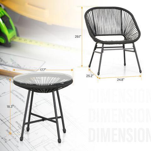 3-Piece Patio Conversation Set Rope Woven Chairs with Seat Pads & Tempered Glass Table