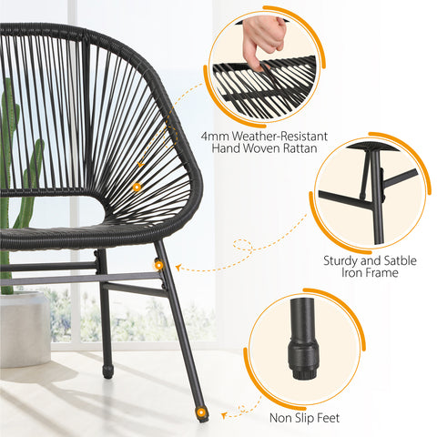 3-Piece Patio Conversation Set Rope Woven Chairs with Seat Pads & Tempered Glass Table