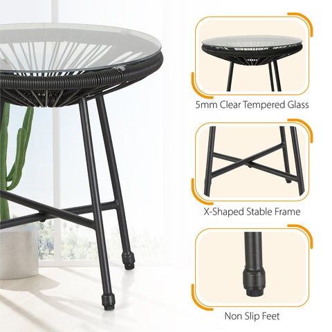 3-Piece Patio Conversation Set Rope Woven Chairs with Seat Pads & Tempered Glass Table