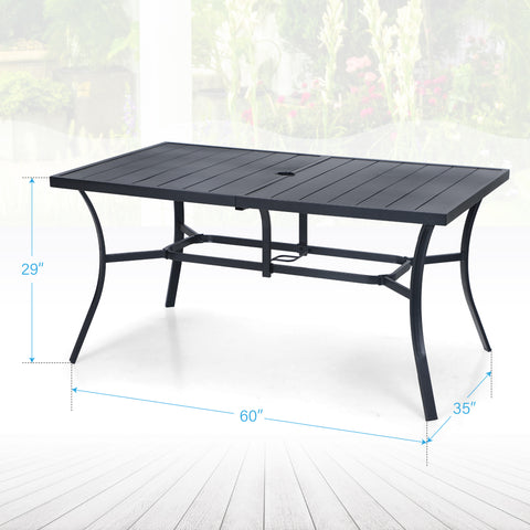 7-Piece Outdoor Dining Set Steel Panel Table & Elegant Cast Iron Pattern Dining Chairs