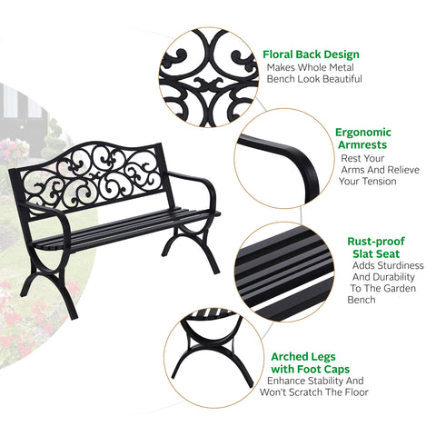 50 Inch Cast Iron Steel Frame Flower Pattern Garden Bench